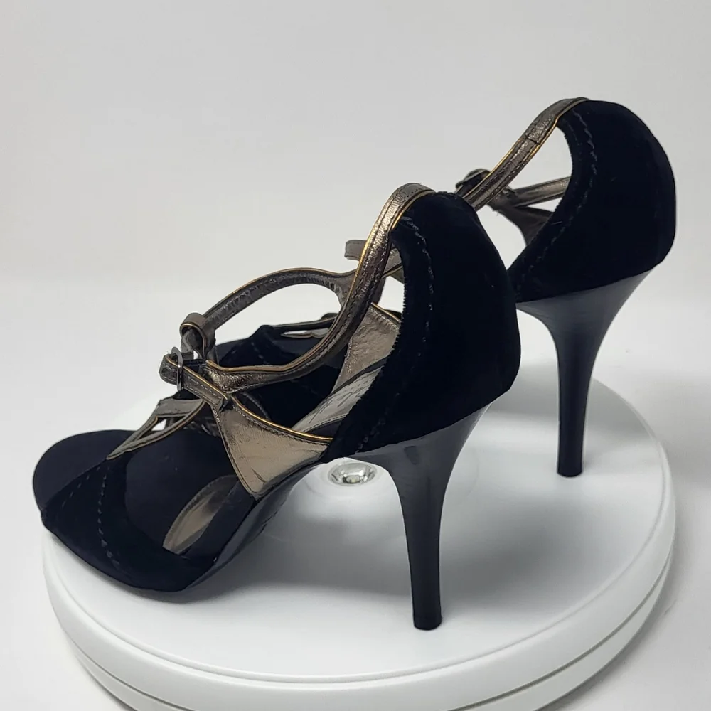 Cole Haan Black Velvet & Brassy Gold Open Toe Stilletto T-Strap Heels - Picture 10 of 16